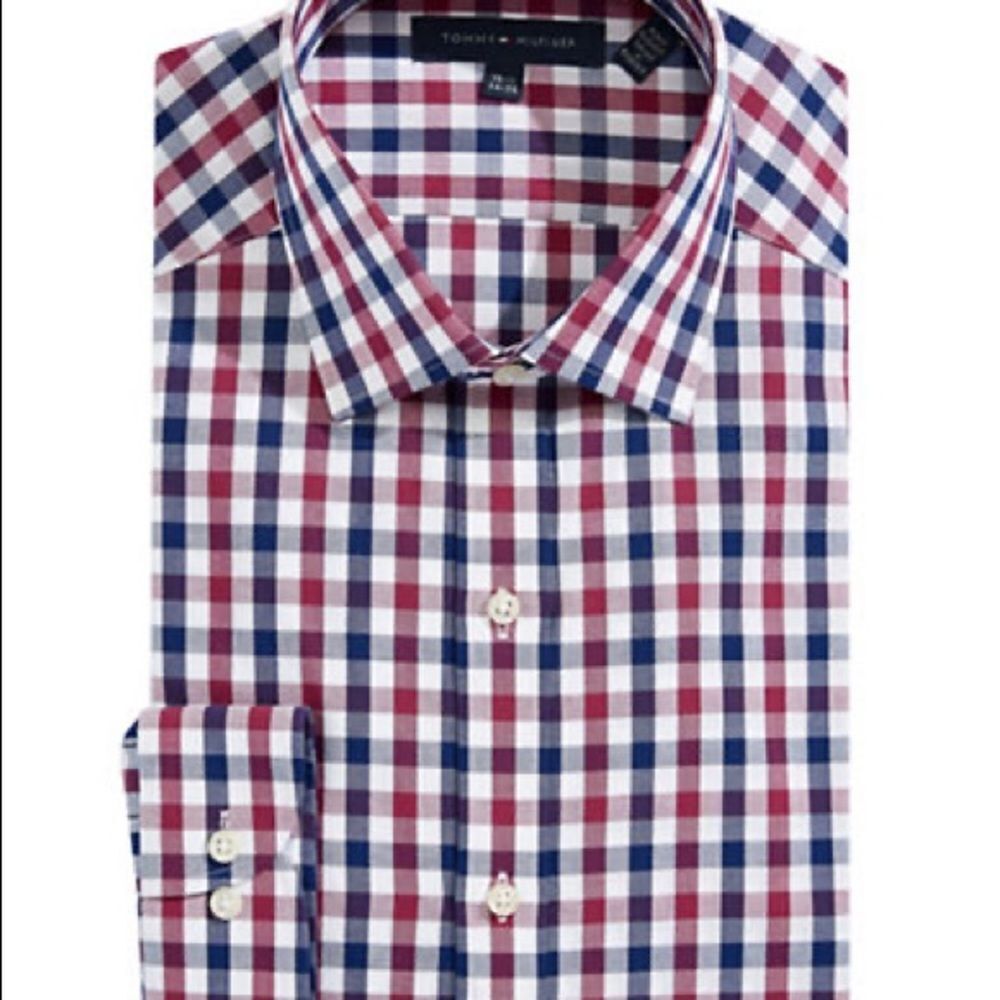 Tommy Hilfiger Gingham Check Dress Shirt-Burgundy-15.5-34/35